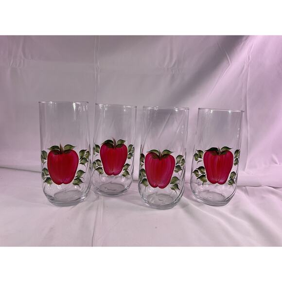 Set of 4 Rare Vintage Hand Painted Apple Clear Glass Drinking Glasses 7" Tall - Picture 2 of 9